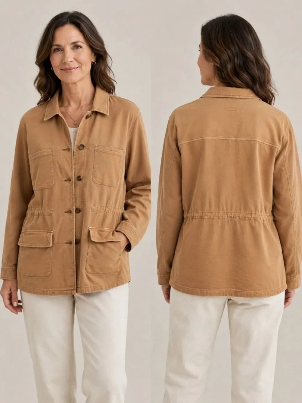 J.Jill Tan Utility Chore Jacket XL Button Front Pockets Cotton Spandex Shack